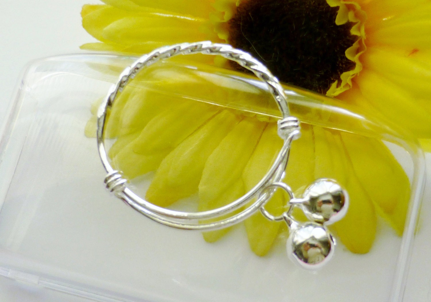 baby silver bangles wave design - pair of bangle bracelets with jingle bell charms