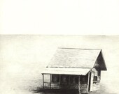 Drawing of House, Limited Edition Print of Pencil Original - Black & White, Isolated House, Desolate Landscape, Realistic Drawing