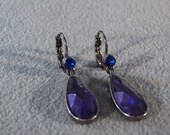 Vintage Silver  Gun Metal Tone Muti Round Pear Purple Blue Glass Stone Flower Lever Style Pierced Dangle Earrings