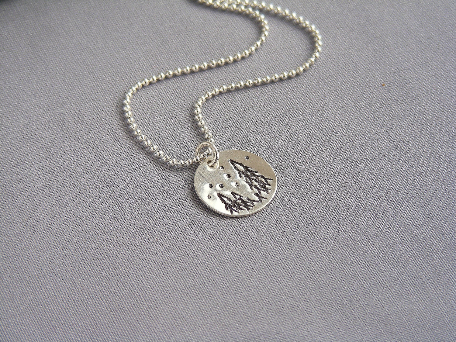 25% OFF SALE - Snow Pine Evergreen Forest Winter Jewelry, Hand Stamped Silver Charm Pendant