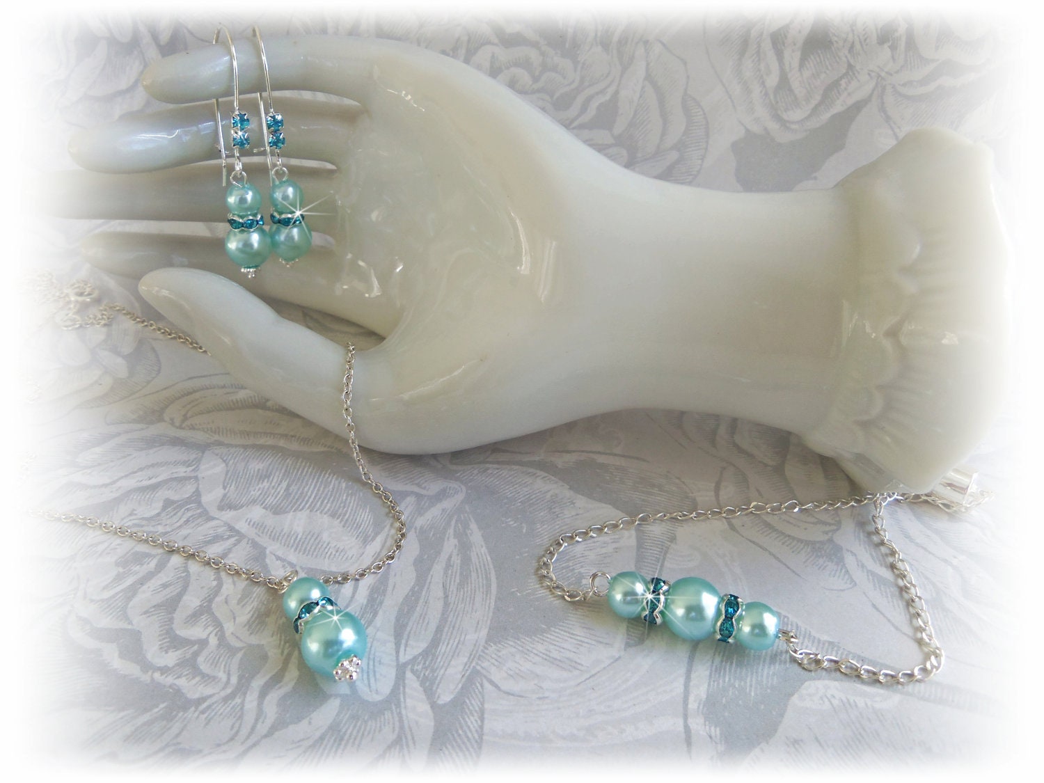 Pearl Earrings Bracelet Necklace Set - Aqua Turquoise Glass Pearl Bridal Something Blue - Bridesmaid Wedding Jewelry