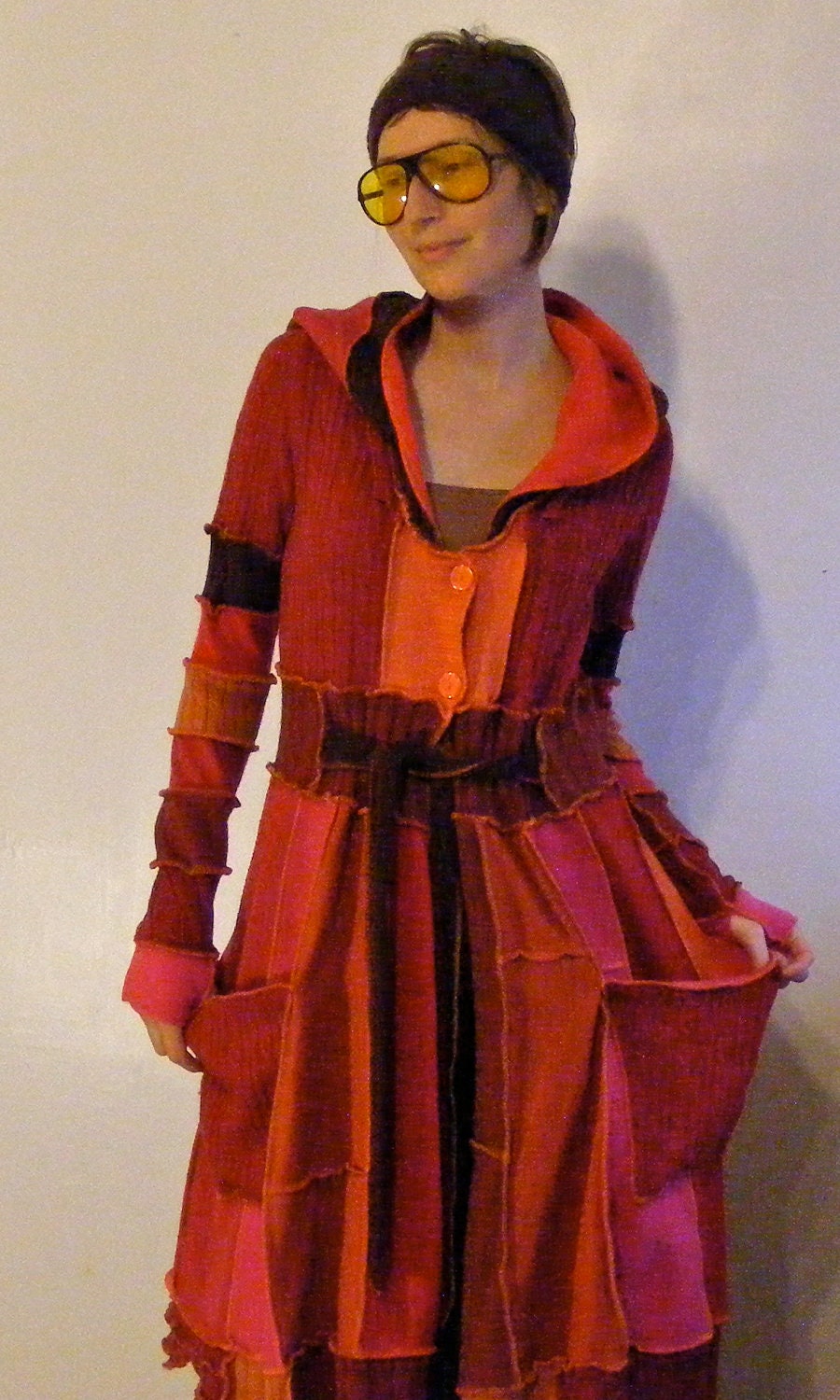 Women's Upcycled/Recycled Dragon Fire Sweater Coat, Katwise Style, Size Medium / Large - lovemadevisiblestore