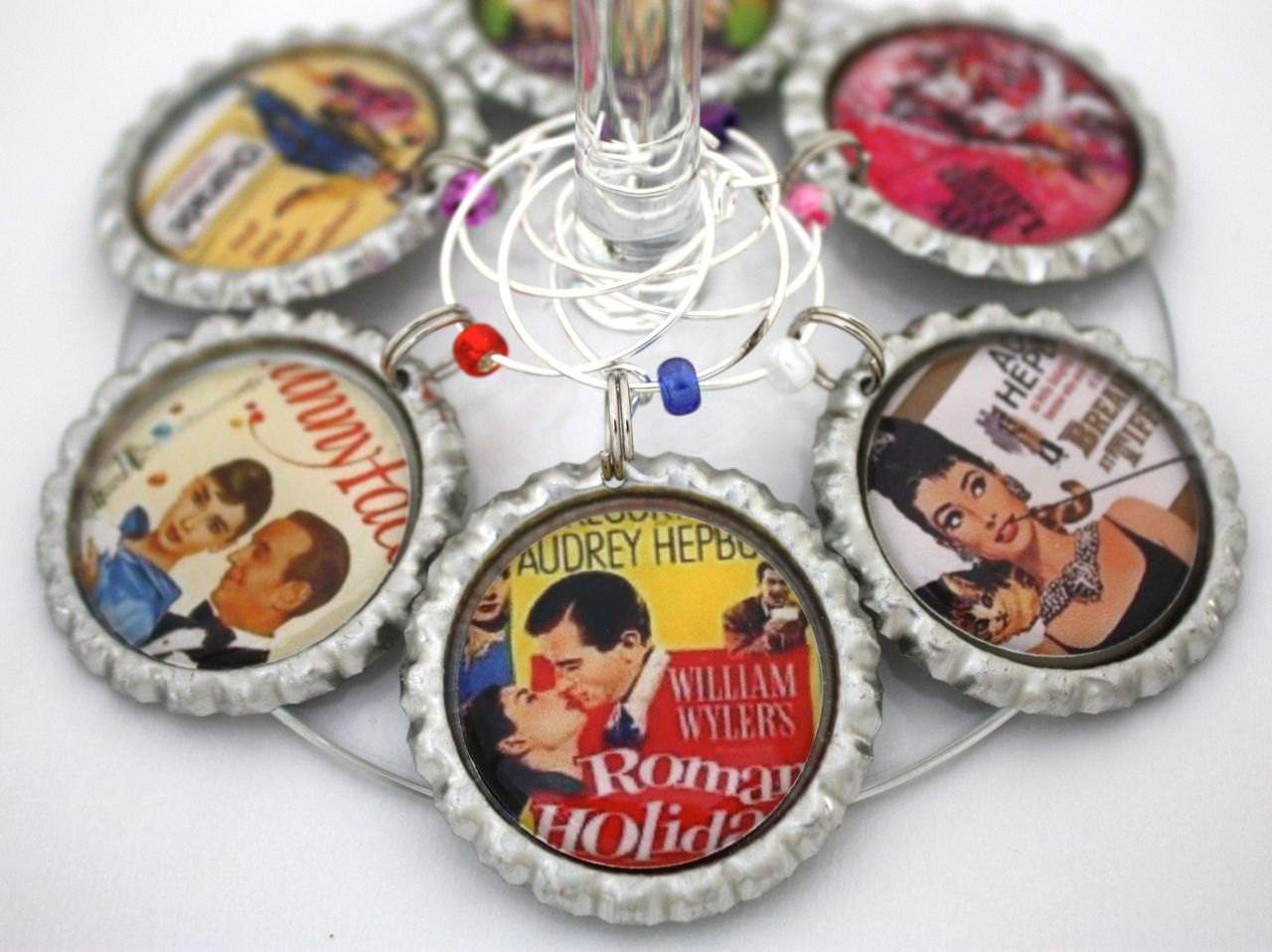 Audrey Hepburn movies wine charms Oscar party favors Hollywood breakfast at tiffany's drink tags.