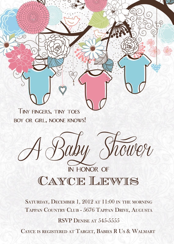 Rustic Tree with Pink and Blue Onesies Baby Shower Invitation - Printable Il_570xn