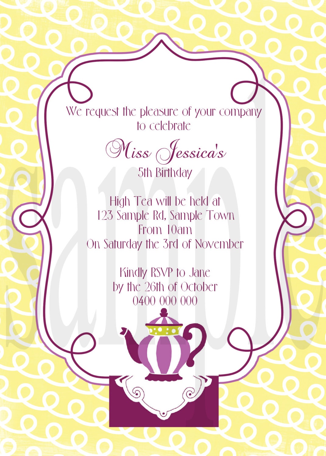 Custom Tea Party Birthday Invitation 5x7