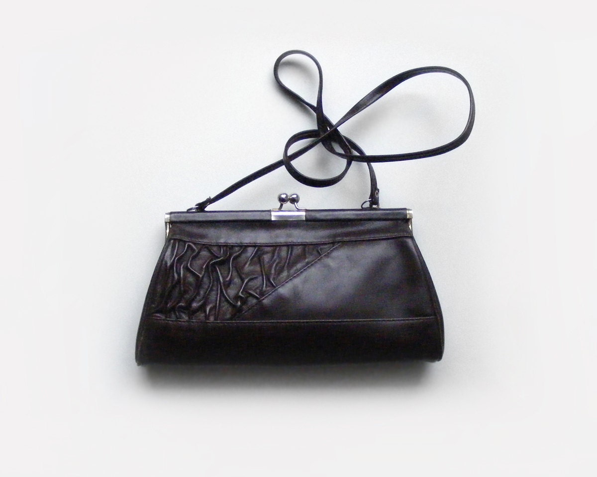 Dark brown leather clutch bag with drapery, vintage dark brown leather purse, 60s - plot