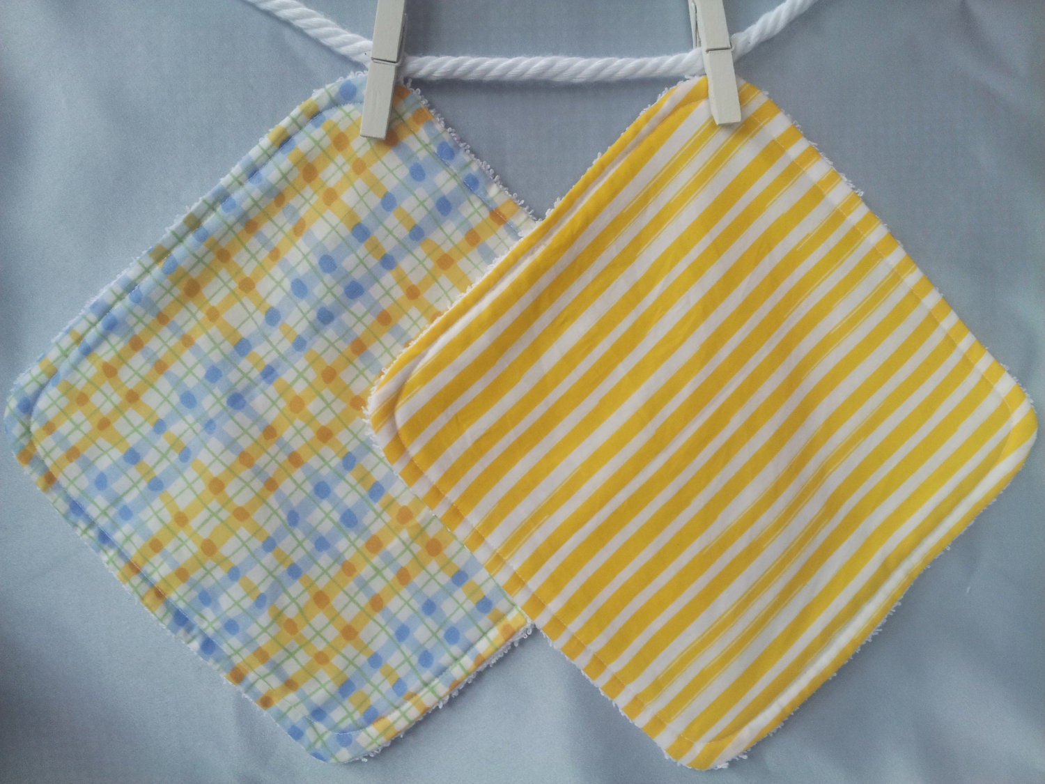Boy or Girl Baby Wash Cloth Yellow Blue Plaid and White Stripe SET Toddler Washcloth