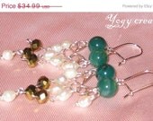 SALE 10% Off Pearl gold green agate chandellier silver earrings jewelry gift