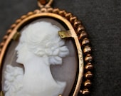 French antique shell hand carved cameo pendant bronze gilt  frame woman portrait flower ornate - PARISOUIPARIS