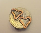 Handmade Hearts Pin on a 5 dollar coin from Jamaica. Made With Recycled Copper. Repurposed Coin. Upcycled. Unique. Valentines Day. Love.