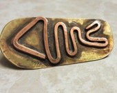 Handmade Antiqued Recycled Copper and Brass Fish Pin (small). Stylized. Cat Lover. Abstract Design. Upcycled. Repurposed Metals. Fish Bones.