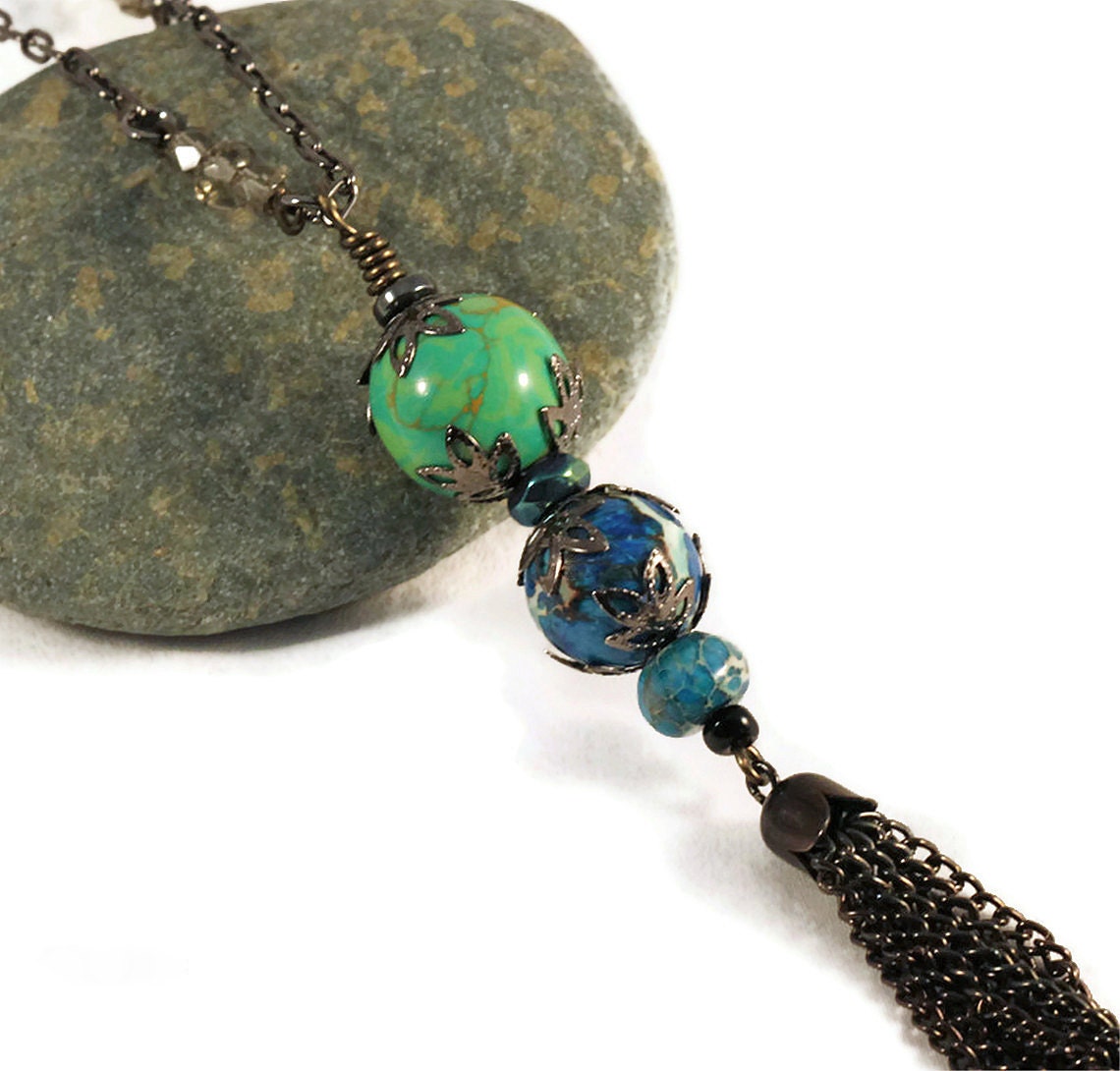 Vintage inspired stone bead necklace with tassel