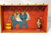 Mixed Media Wall Art or Shadow Box with Circus Scene and Elephant made with Vintage Tin