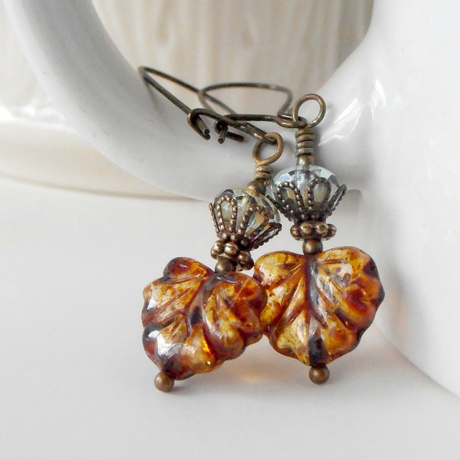 Czech Glass Leaf Earrings Glass Bead Dangles Woodland Jewelry Rustic Style Beaded Earrings Antiqued Bronze Nature Lovers