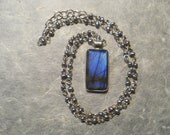 Labradorite Pendant on Handmade Freshwater Pearl and Silver Wire Chain