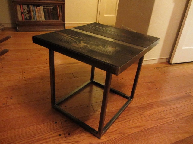 Modern Inustrial style steel and reclaimed Redwood side table