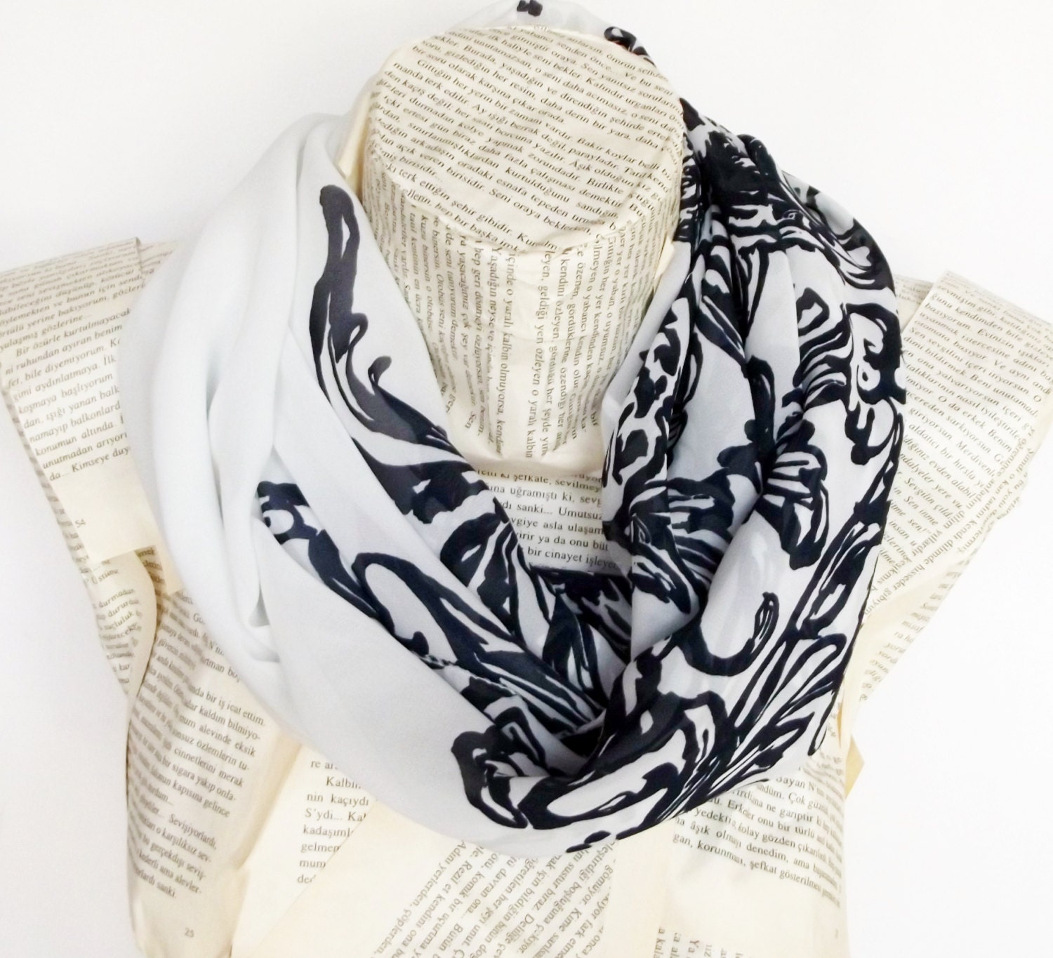 Chiffon Lightweight Lace Print infinity Scarf Women Accessories, Dark Blue White, Soft