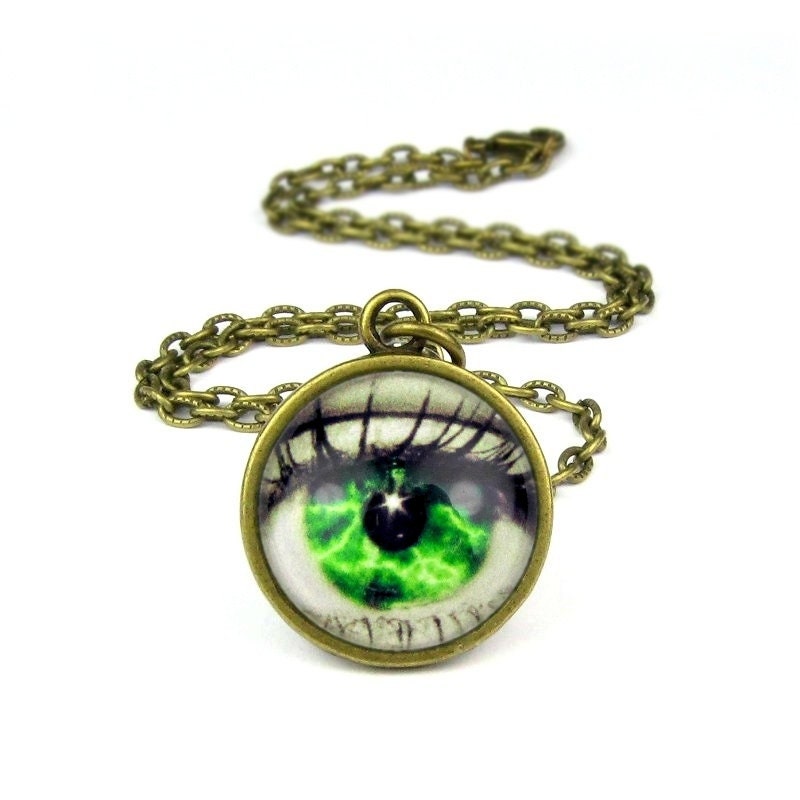Green Eye Pendant, Glass, Antique Bronze With Chain: Green Lightning