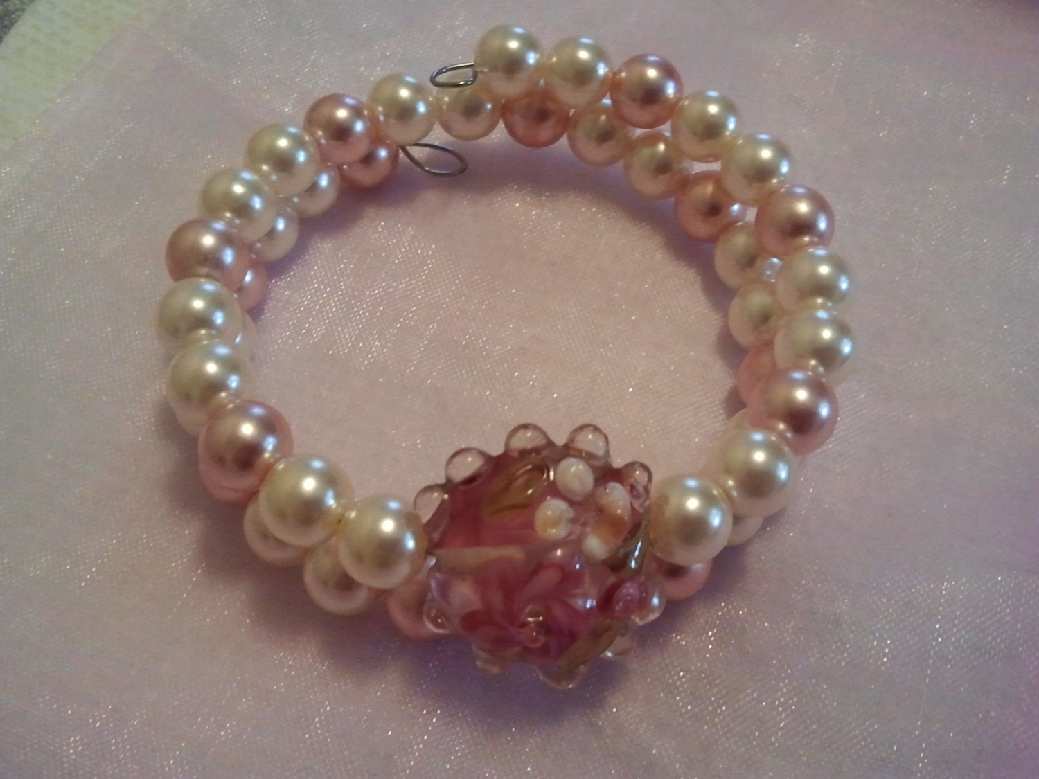 Rose, white pearls Memory Wire Bracelet