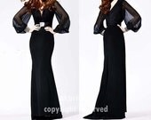 black prom dress, long sleeve dress, chiffon prom dress, long prom dress,  RE071