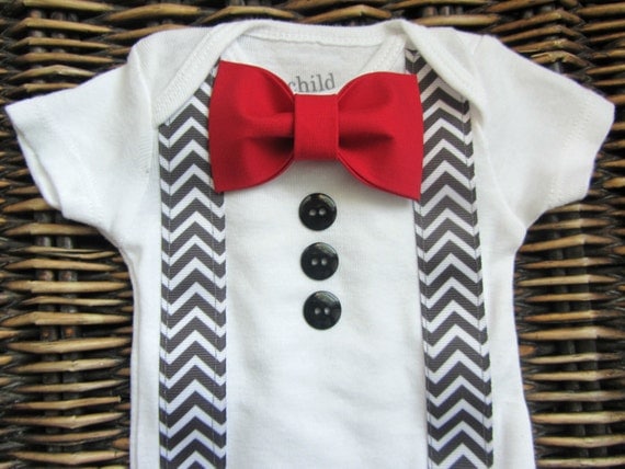 Baby Boy Clothes - Baby Tuxedo Bodysuit - Red Bow Tie With Grey Chevron Suspenders - Coming Home Outfit - Boys Valentines Day Outfit
