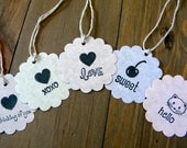 20 hand stamped WISH TAGS. CUSTOMIZE your character and greeting- heart, kitty, bird, thanks, hello & more. (2 inch scalloped circle)