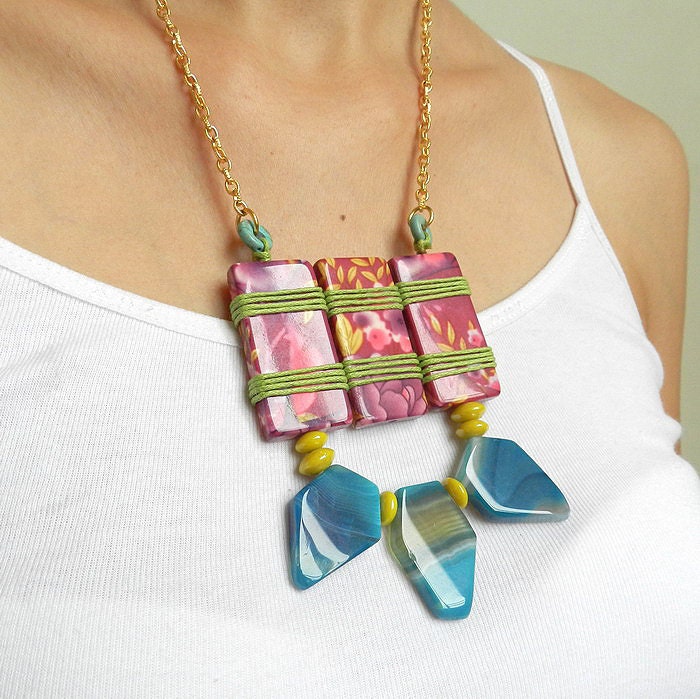 Neon tribal statement necklace - colorful summer  necklace - funky jewelry - bright chunky necklace