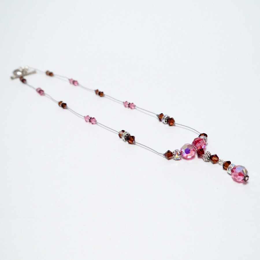 Handmade BOHO Bohemian Style Short Necklace with Rose Pink / Smokey Quartz Swarovski Crystals, Dangling AB Round Crystals, Sterling Silvers