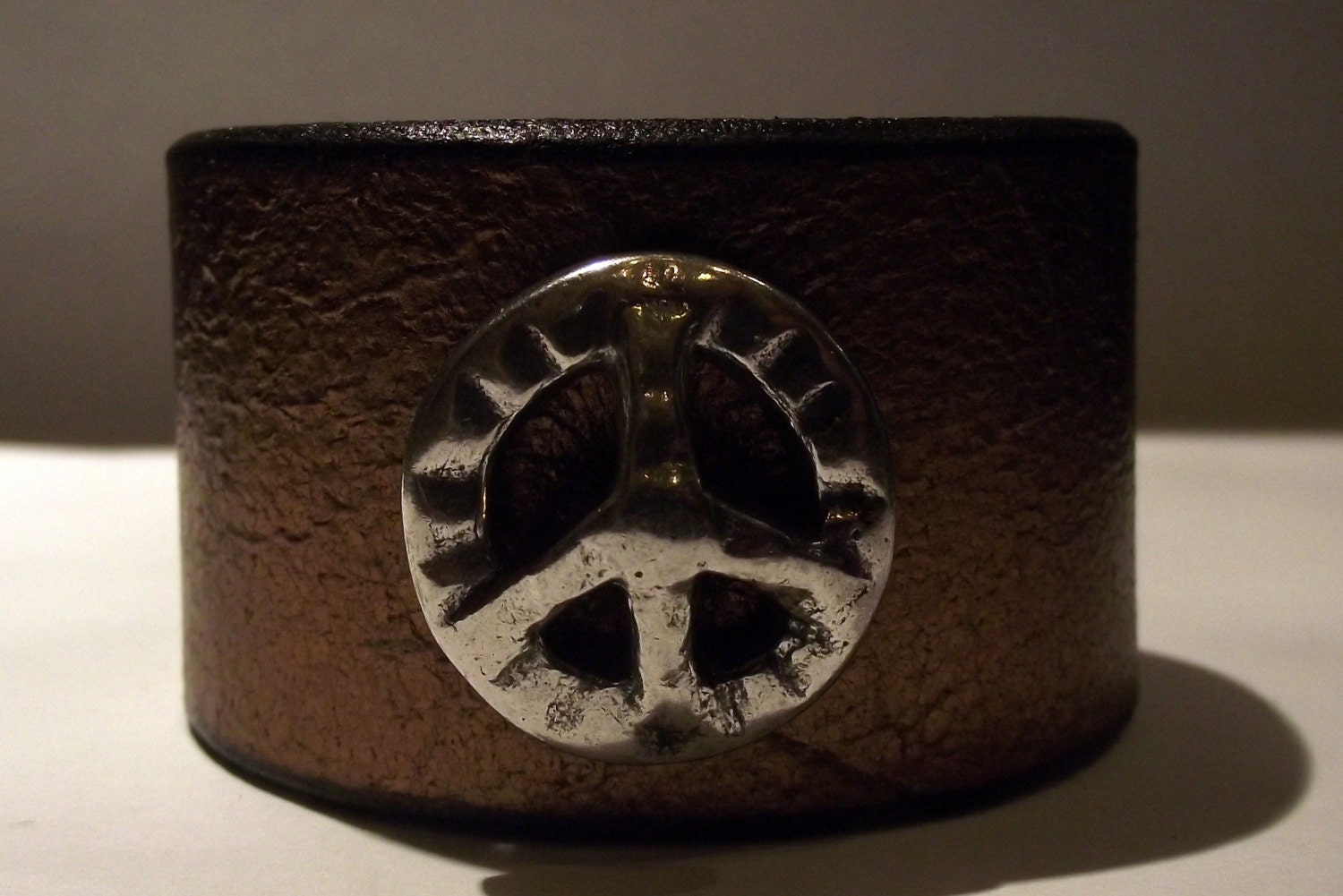 Leather Cuff Bracelet - Gold & Black with Chunky Silver Metal Peace Sign