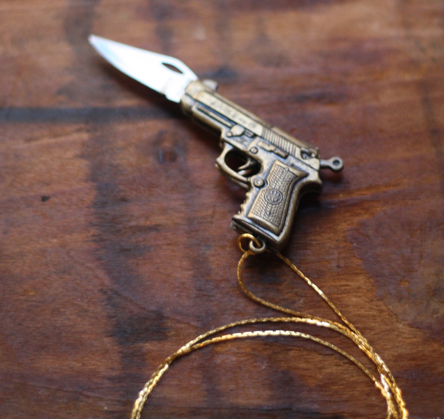 Gun Pocket Knife Necklace: Brass Pistol Revolver