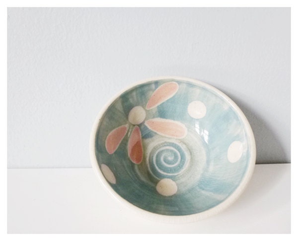 Decorative bowl flower polka dots - handmade ceramic pottery blue pink cream