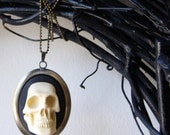 3 D Skull Necklace - Halloween jewelry, cameo jewelry, skull cameo pendant, ivory and black, unisex, autumn, fall - BlackStar