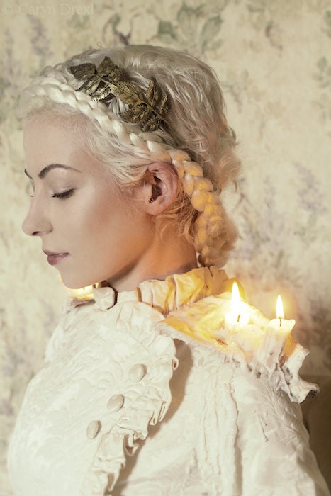 A Fleeting Warmth 2 - FREE SHIPPING - Print Warm Fire Burning Candles White Cream Yellow Orange Girl Woman Velvet Dress Floral Bones Surreal