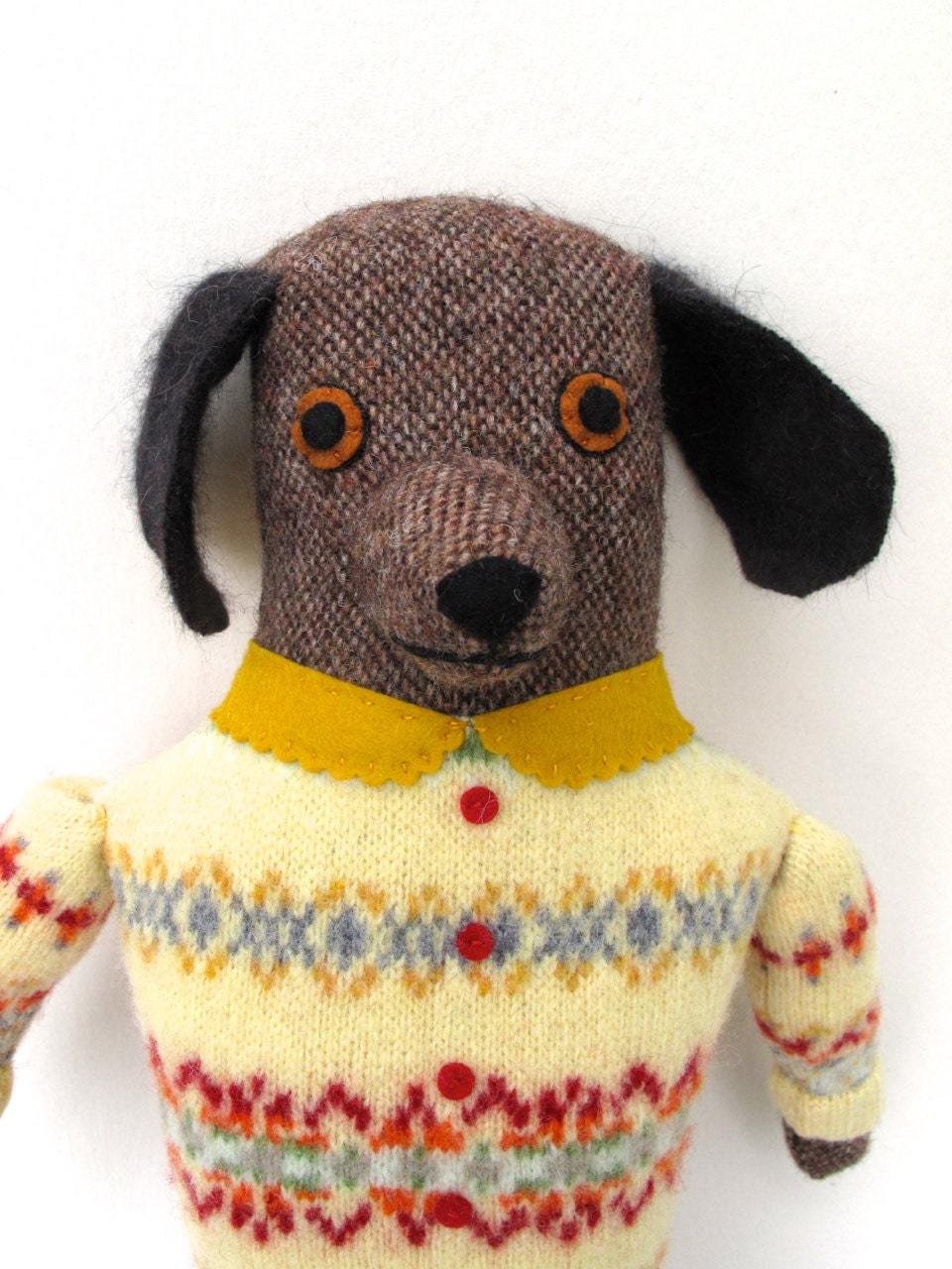 Girl Long Dog wool doll in Fair Isle Sweater
