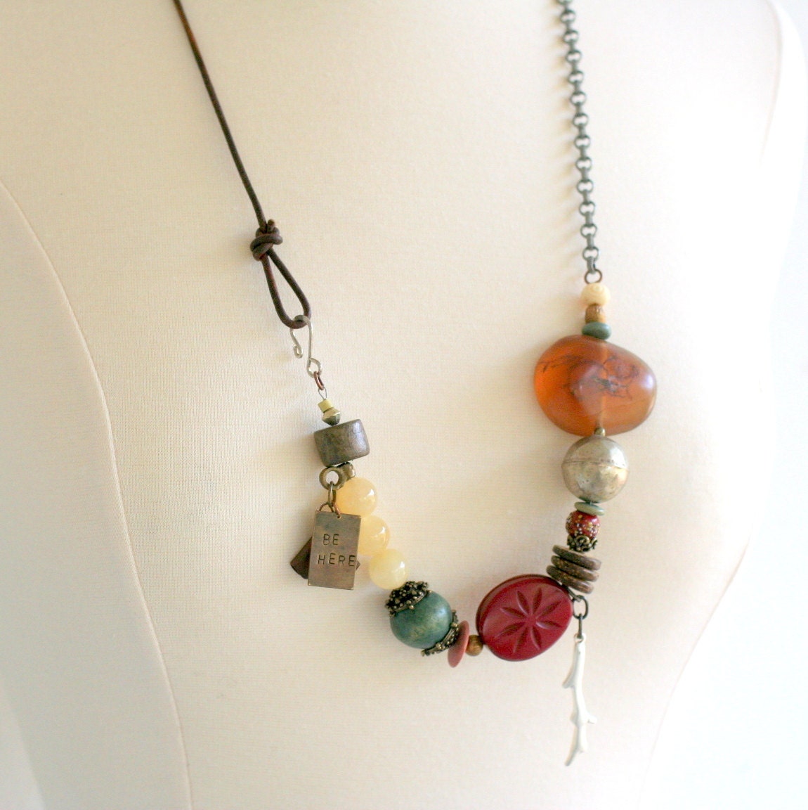 Statement Necklace, Beaded Tribal Necklace, Hand stamped Jewelry, Baltic Amber, Be Here Now