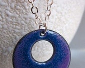 Ready to Ship: Reversible Ombre Enamel Pendant Necklace, Violet Purple, Peacock Blue Glass Enamel, 16 or 18 Inch Sterling Silver Chain