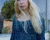 Cropped handknit sweater in chunky blue black yarn - hand knit crop top