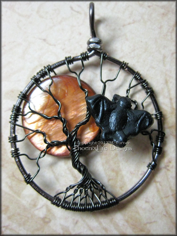Bat Tree - Halloween Full Moon Tree of Life Pendant  Copper (Orange) Pearl Coin Bead and Bat Charm in Gun Metal (Black) Wire Wrapping