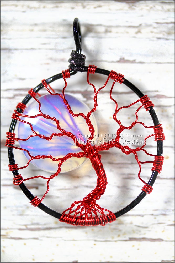 Black Red Opalite Rainbow Moonstone Full Moon Tree of Life Pendant, Summer Collection, Vampire, Goth, Gothic, Blood Moon, Fantasy, Sci Fi