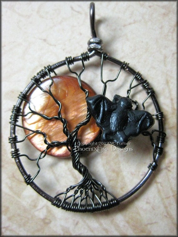 Bat Tree - Halloween Full Moon Tree of Life Pendant Copper (Orange) Pearl Coin Bead and Bat Charm in Gun Metal (Black) Wire Wrapping
