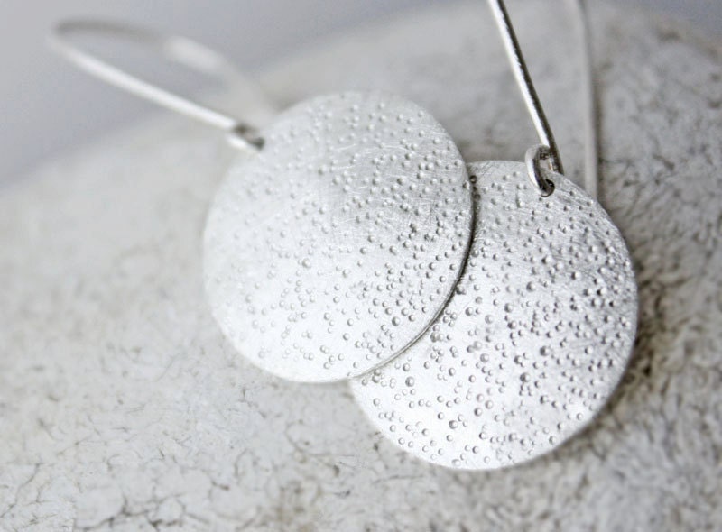 sterling silver earrings, round discs, organic brushed texture, starry sky gift under 50
