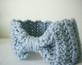 Crochet Bow Style Headband with Knot and Ruffled Edges in Powder Blue - Very soft and warm for winter for baby girl, child, or woman