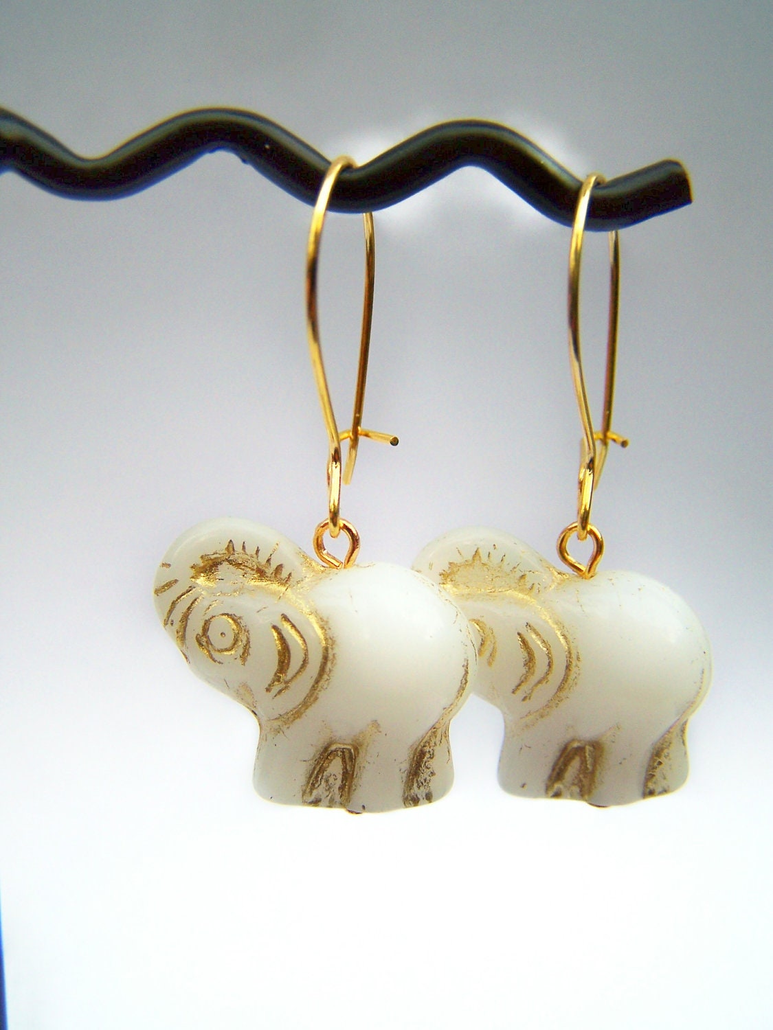 White Elephant Earrings, Czech Glass Elephant Bead Dangles on Gold Brass Kidneywires, Animal Jewelry - Barnum