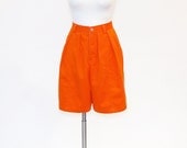 vintage 80s High Waist Shorts / Orange Cotton Twill / Pleated shorts / pockets M L