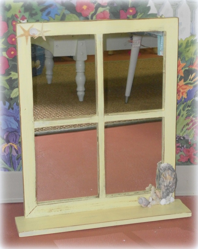 Sunny Yellow Decorative Window Mirror Shelf Beach Cottage Wall Decor