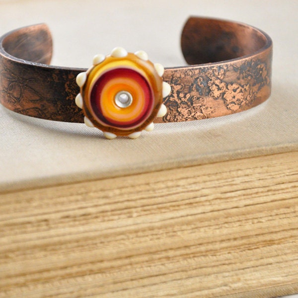 Coral Amber Etched Copper Bracelet  / Lampwork Glass Disc Bracelet / Adjustable Cuff / Modern Style