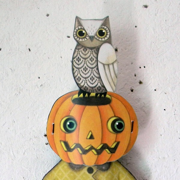 Halloween Owl Pumpkin JOL Mask Doll -- Tiny Original Folk Art Printed and Stuffed Ornament