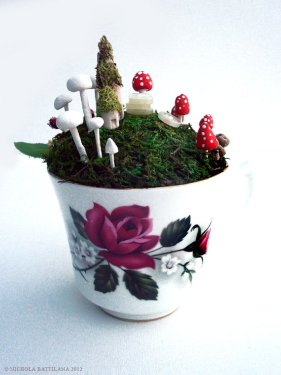 Fairy town in a teacup -  Faerie Houses, Moss and Mushrooms Oh My