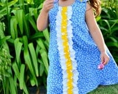 Girls Aline Dress Double Ruffle Front Blue Daisy Custom Boutique Sizes 18m 2 3 4 5 6