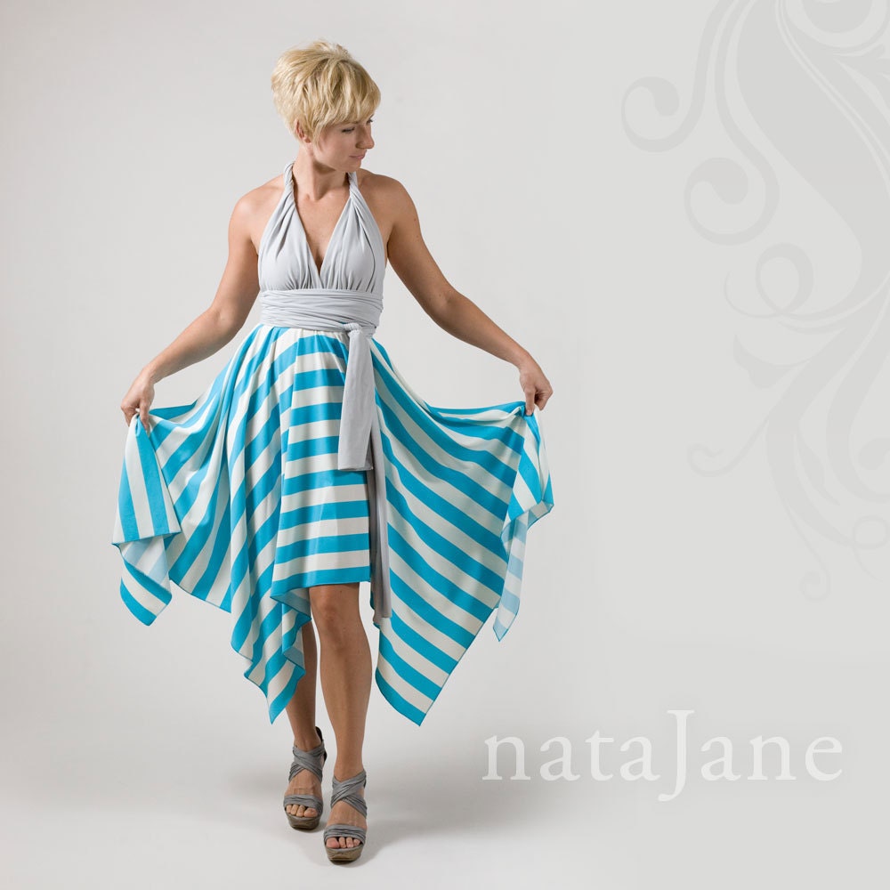 Coda wrap dress with Blue/White striped kerchief skirt